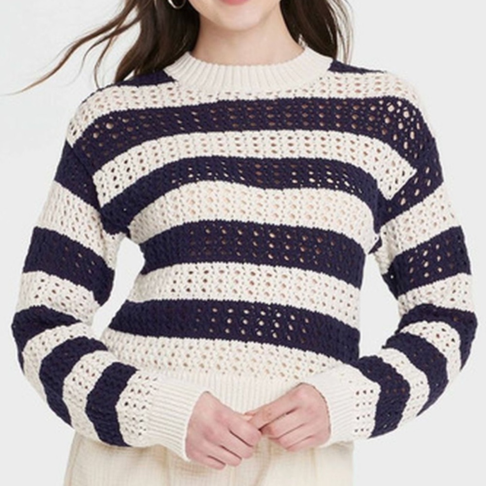 Universal Thread Crochet Striped Sweater Navy Cream NWT - Size XL - Picture 2 of 6